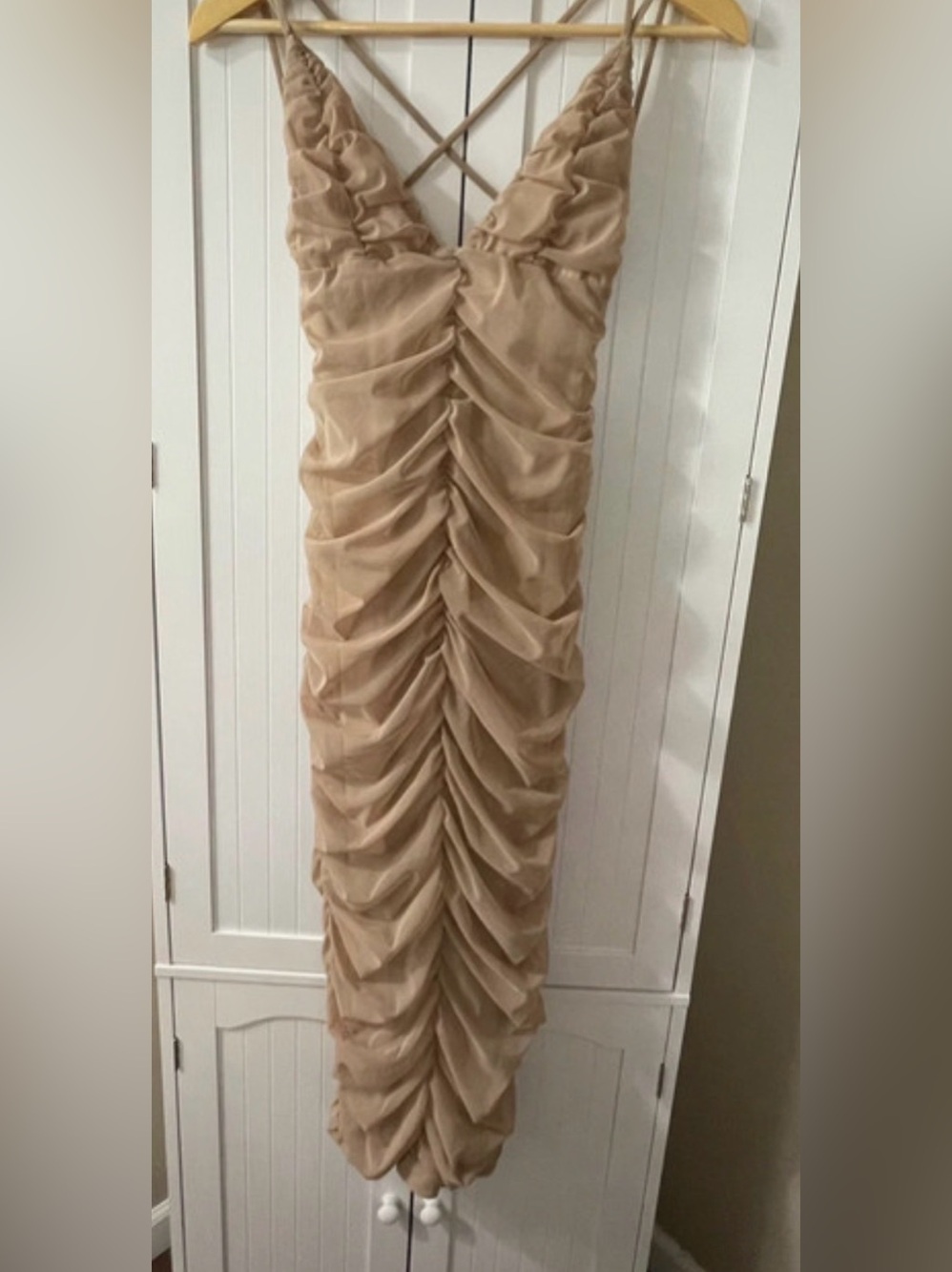 NWT Michael Costello x REVOLVE Ruched Mesh Midi Dress Nude Beige - Picture 2 of 4